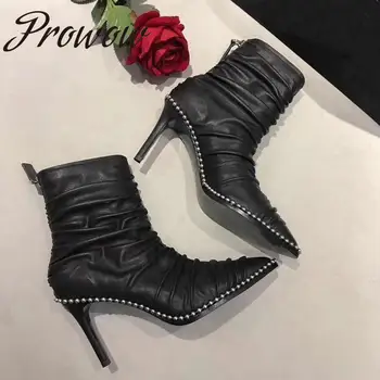 

Prowow New Genuine Leather Sexy Pointed Toe Ankle Boots Pleated Leather Zip Back Metal Deco Luxury Boots Shoes Women
