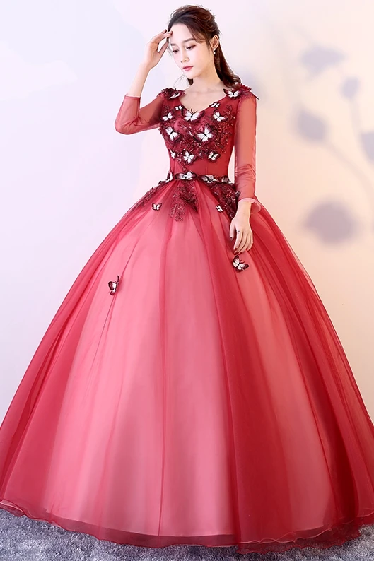 Халат De Bal бордовые платья Quinceanera с длинным рукавом Пышное 3D Апликация в виде бабочки Сладкий 16 платья светится в течение 15 лет Vestido дебютанток