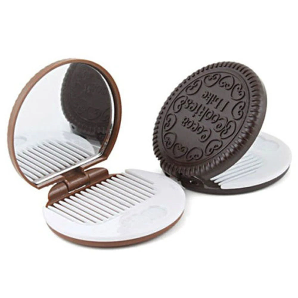 Прекрасное зеркало, компактное Мини Косметическое карманное зеркало для макияжа, темно-коричневое милое шоколадное печенье в форме с гребнем, зеркальные инструменты для макияжа