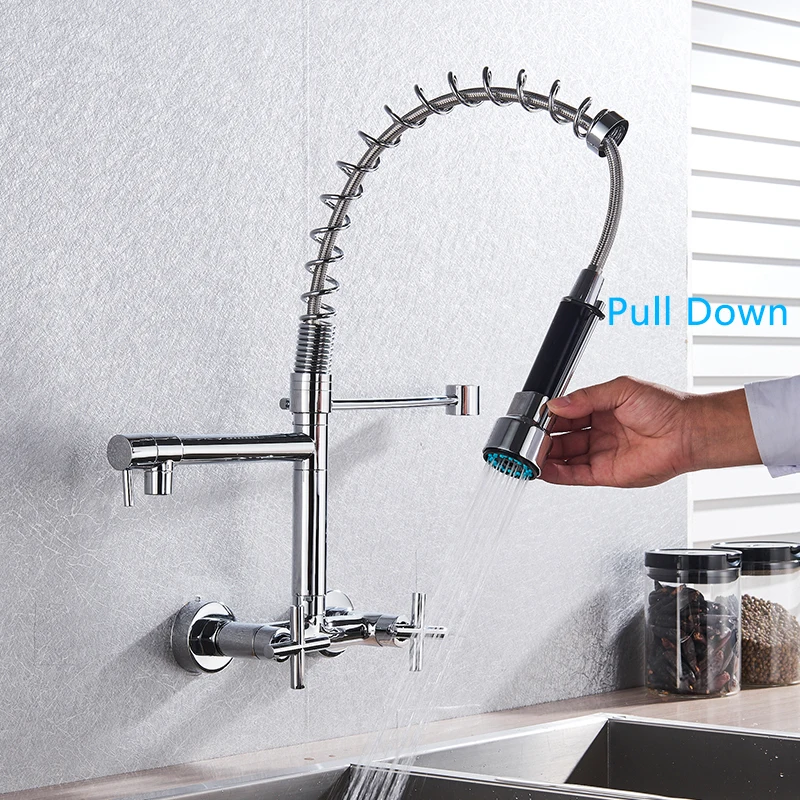 Chrome Spring Kitchen Faucet 360 Rotation Pull Down Hand Sprayer with Buckle Kitchen Taps Wall Mounted Cold Hot Water Mixer Taps