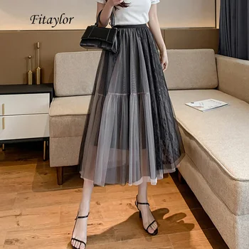 

Fitaylor Spring Women Tulle Long Skirts High Waist Slim Black Lace Patchwork Tulle A-line Skirt Female Elegant Skirt