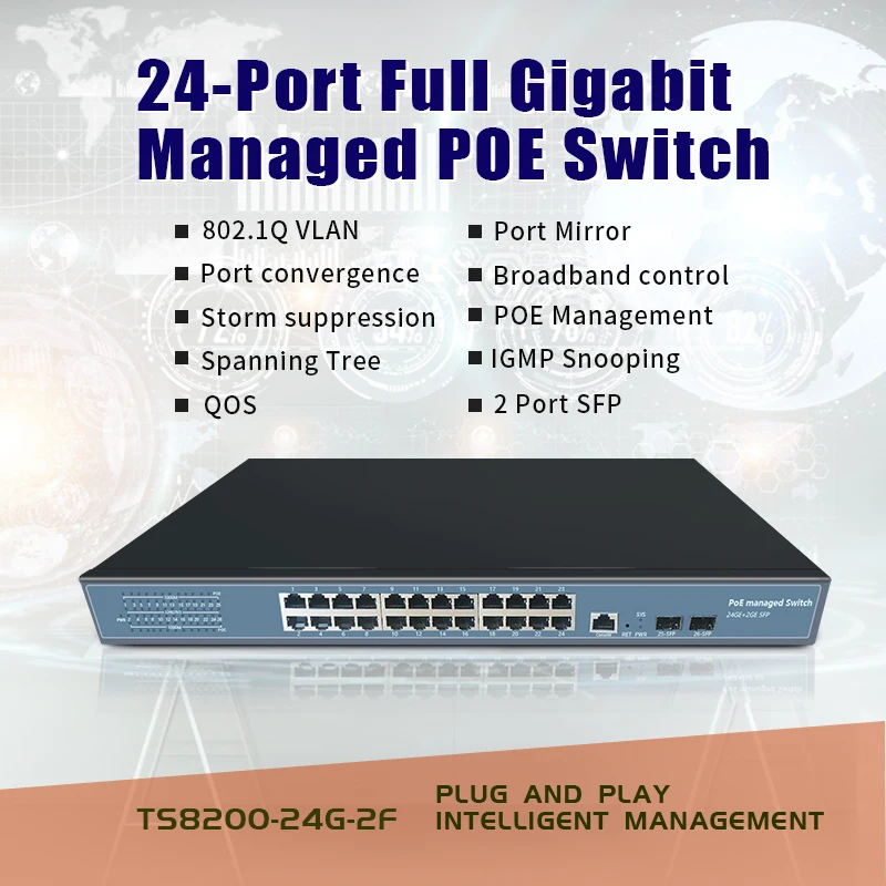 24 Port 10 100 1000Mbps Ports Managed POE Switch With 2 Gigabit SFP Slots 24 Gigabit 1