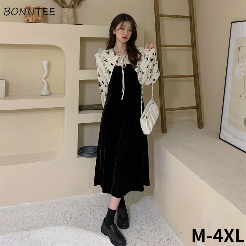 Dresses Women Peter Pan Collar Retro Casual Ladies Fashion Chic French Style Elegant Midi Ulzzang Patchwork Fake 2 Piece Vestido wedding dresses