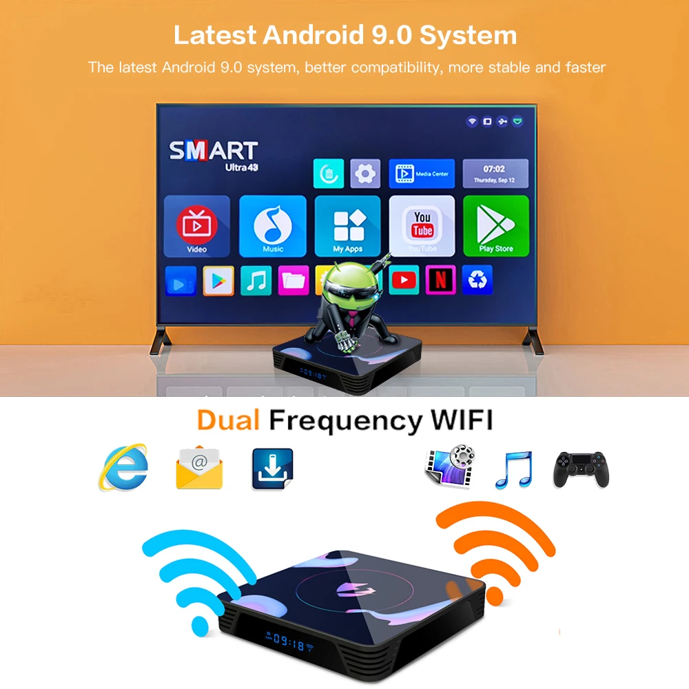 LEMADO дыхательный светильник tv Box Android 9,0 4K RK3318 4GB 64GB Netflix Youtube Google голосовой помощник 9 LET1 Android tv Box 9,0