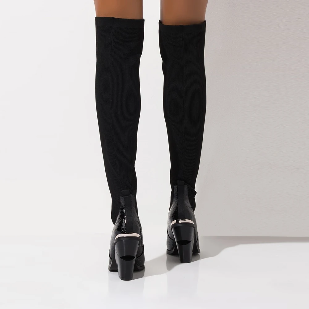 Г. Новые зимние сапоги выше колена женские сапоги черного цвета обувь без застежки из эластичной ткани на высоком каблуке женские высокие сапоги с острым носком