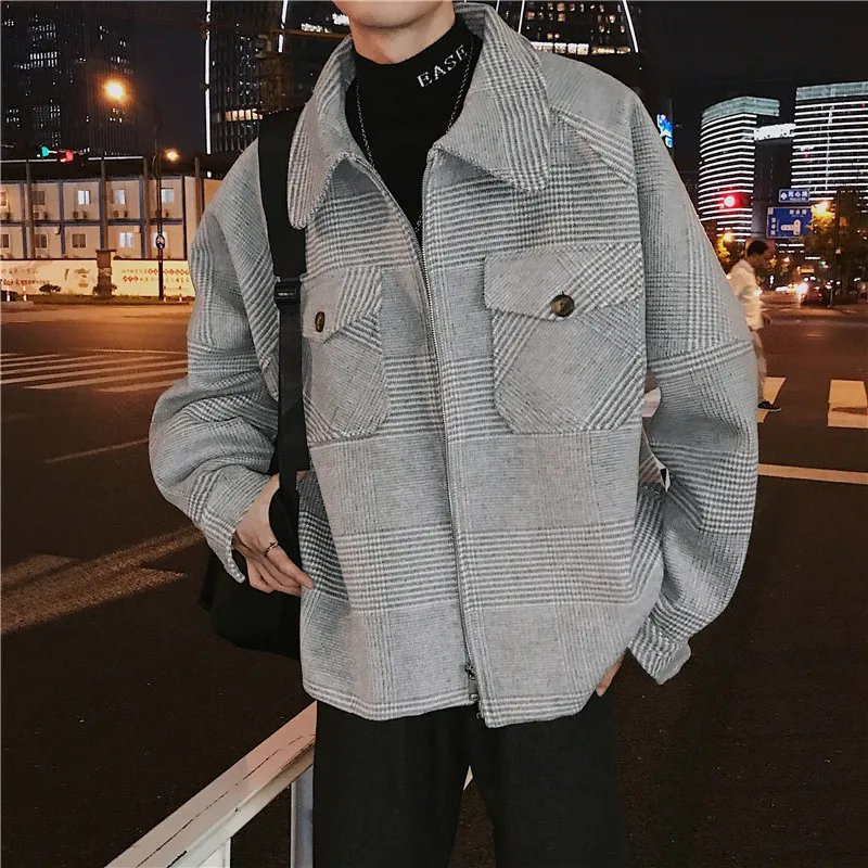 

Winter New Woolen Coat Men Warm Fashion Retro Casual Plaid Jacket Man Streetwear Wild Loose Coat Male Clothes M-2XL