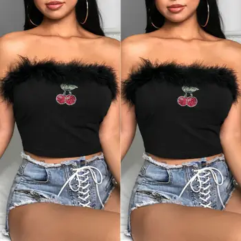 

Women Crop Top Off Shoulder Elastic Bustier Tube Tank Tops Cami Tops Strapless Cherry Vest Black