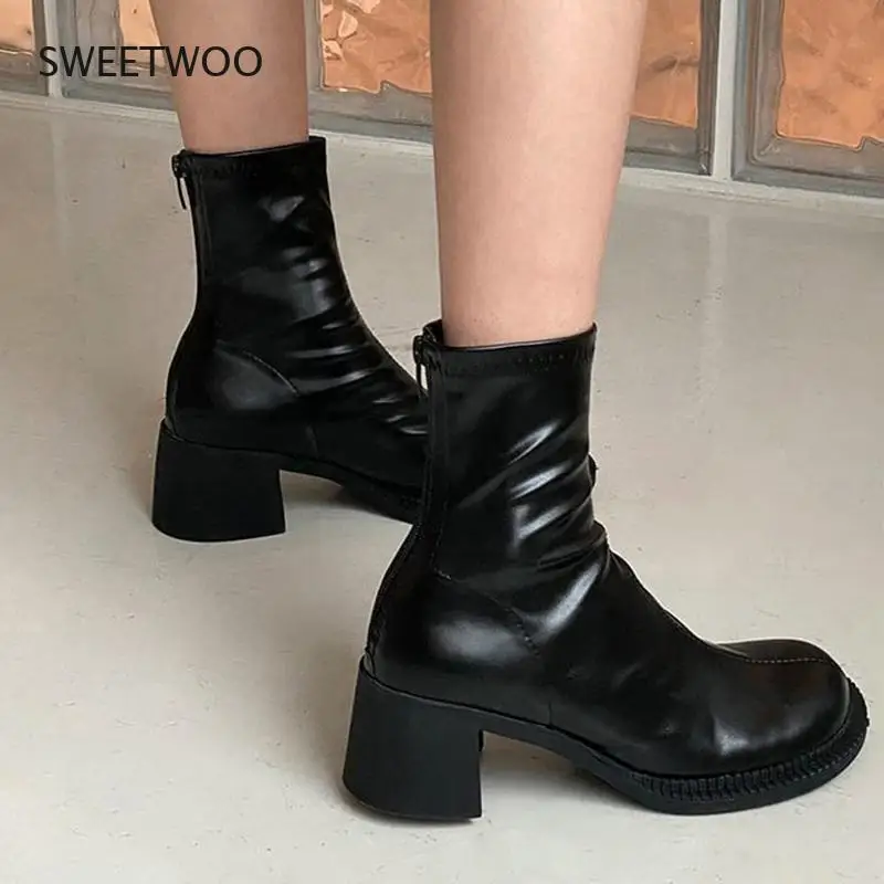 Women Big Toe Chunky Heel Boots Pu Leather Platform Ankle Boots With Elastic Zipper Vintage Style Autumn Winter