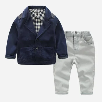 

New spring and autumn boy gentleman high quality long-sleeved suit small and medium-sized children's jeans set plaid shirt + sui