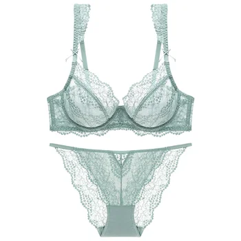 

Embroidery Floral Lace Underwear Set Breathable Cups Sexy Transparent Push Up Bra&Panty