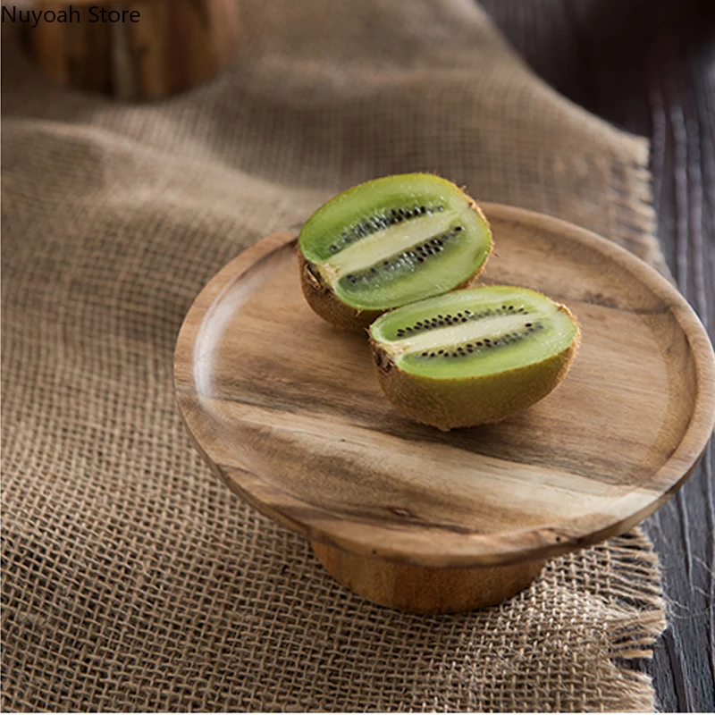 Household Round Solid Wooden Tray Fruit Snack Sushi High-footed Cake Plate Wooden Tray Kitchen Tool Living Room Display Plate