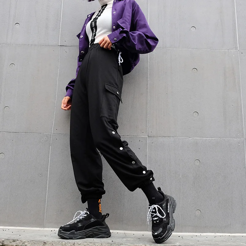 JIEZuoFang, черные уличные Панталоны с боковой пуговицей, женские спортивные штаны с высокой талией и бегуны, корейская мода, хиппи, шаровары