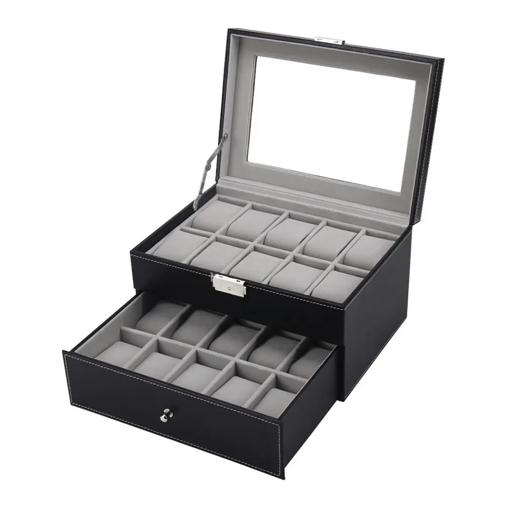 

20 Grids Slots Professional Watches Storage Box Double Layers PU Leather Watch Case Organizer Box Holder Black Colors