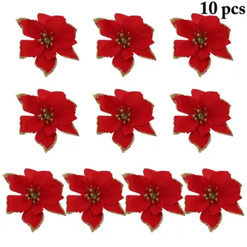 

10PCS 13cm Christmas Artificial Flowers fake Glitter Poinsettia Flowers Xmas Tree DIY Christmas Tree Flowers игрушки на елку