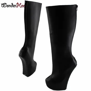 

Wonderheel Knee High boot 8" heel matt leather Fetish Heelless strange style ponying heel back zipper Platform fashion boots