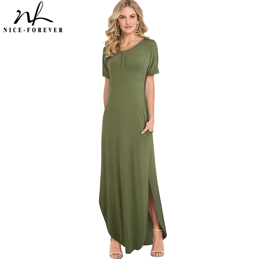 

Nice-forever Causal Round Neck Side Split vestidos Pure Color Button Flare Long Maxi Women Dress A164