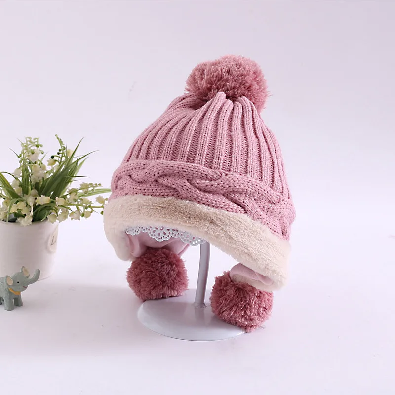 Pink Лоскутные детские вязаные шапки для девочек, шапка для малышей, двухслойная Теплая Зимняя кепка из полиэстера, эластичная с хлопковой подкладкой, удобная для новорожденных - Цвет: Pink