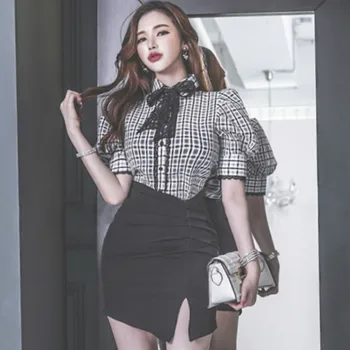 

Summer 2020 Office Clothing Sets Puff Short Sleeve Lace Bowknot Plaid Blouse Shirt Mini Bodycon Skirt Two Piece Work Dress