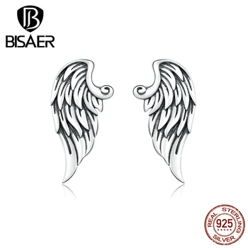 

Vintage Earrings BISAER 925 Sterling Silver Retro Angel Feathers Stud Earrings for Women Korean Fashion Silver Jewelry EFE343