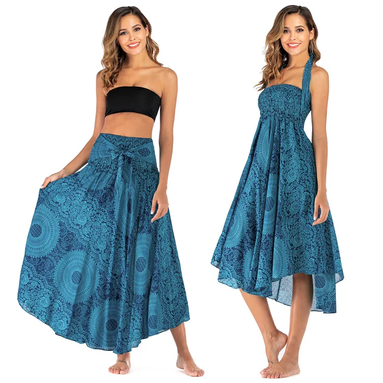 Orange mandala floral flower printed Thai skirt knotted plus size women halter neck jumpsuit Beach Skirts womens midi skirts
