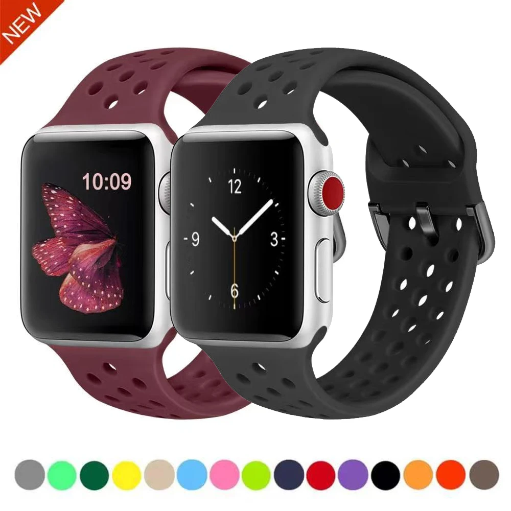 Ремешок силиконовый для Apple watch 44 мм 42 40 38 сменный спортивный Воздухопроницаемый