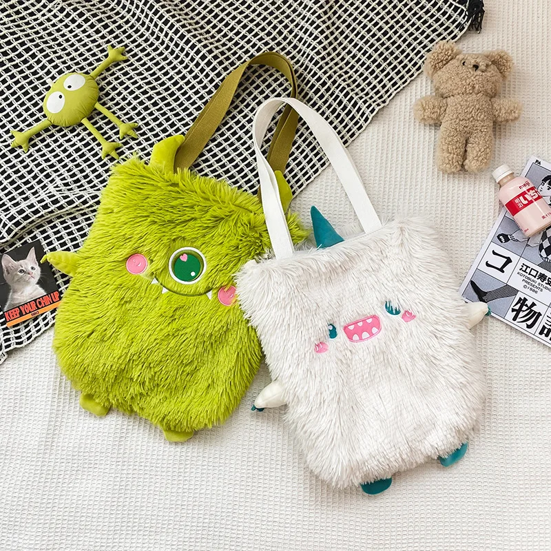 Women new Japanese cute funny plush handbag personality embroidery little monster plush girl student shoulder bag female bag