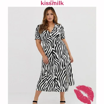 

Kissmilk Plus Size V Type Lapel Concise Elegant Lady Bandeau Splice Print Short Sleeve Long Section Summer Women Large Dress