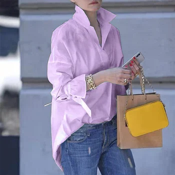 

Autumn Candy Colors Loose Shirts Women Flare Sleeve Turn-down Collar Shirt Female 2020 Spring Streetwear Lady Tops Plus Size 5XL