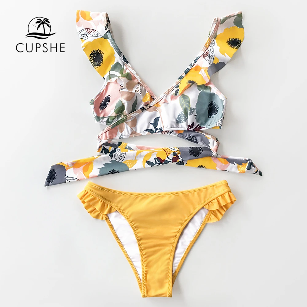 Женский купальник бикини CUPSHE с оборками цветочным принтом v образным вырезом на