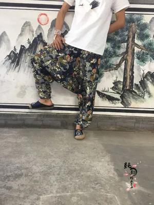 style 06 Винтажные шаровары мужские хлопок лен хип хоп печатных мешковатые широкие брюки свободные мужские осенние летние длинные брюки - Цвет: style 06