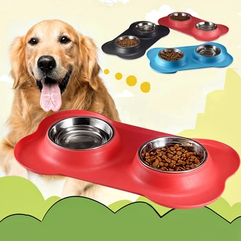 

Stainless Steel Dog Bowl No Spill Non-Slip Silicone Pad Double Bowl Feeder Pet Bowl Cat Feeder