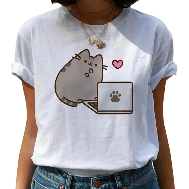 Kawaii Pusheen Harajuku футболка Женская милая кошка забавная мультяшная футболка Ullzang 90s футболка "Аниме" Модный корейский стиль Топ Футболка женская - Цвет: 8777