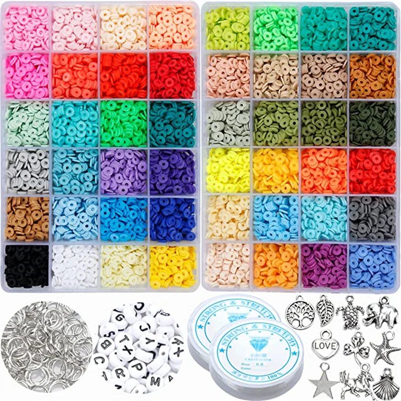 6mm Flat Round Polymer Clay Spacer Beads Kit Charms Lobster Clasp for Jewelry Making DIY Bracelets Earring Set Jewelry Findings