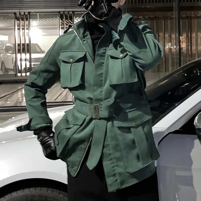 日本卸し売り メンズ秋のトレンチコート ベルト付きスリムフィット無地ジャケット グリーン ブラック 大特価価格 Agosto Com Tr