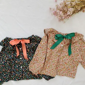 

Baby Floral Printed Tops Cotton Long Sleeve Ruffles Turn Down Collar Design Sweet Toddler Baby Girls Tops Girls Blouse with Bow