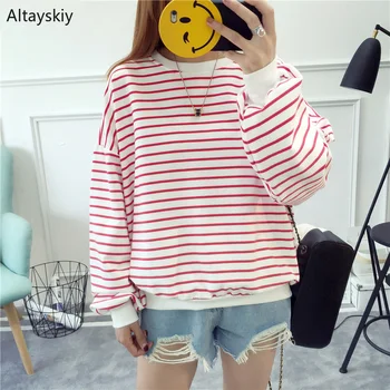 

Hoodies Women All-match Striped Thicker Korean Loose Clothing Womens O-Neck High Quality Female Soft Lovely Daily Sweatshirts