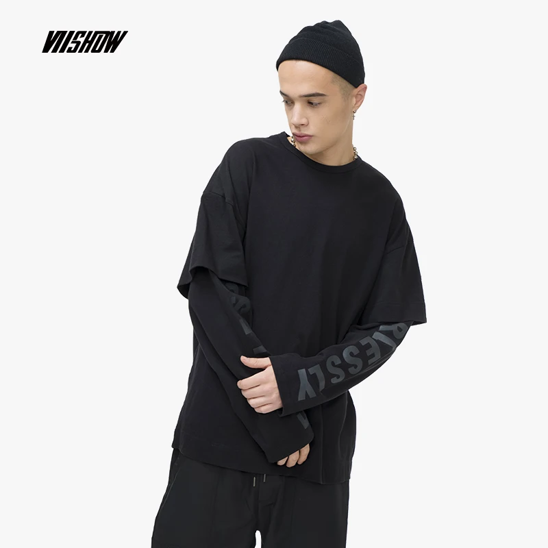 Viishow уличная Мужская футболка с круглым вырезом, брендовая футболка с длинным рукавом и принтом, новинка, хлопковая футболка из двух частей TC1153191
