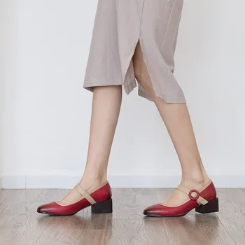 

brand shoes spring summer thick high heels women pumps genuine leather shoes woman buckle ladies office shoe party wedding shoes