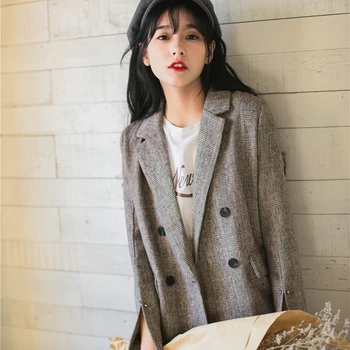 

real shot autumn blazer feminino women's plaid long sleeve flare sleeve notched double breasted pockets short jackets 2017