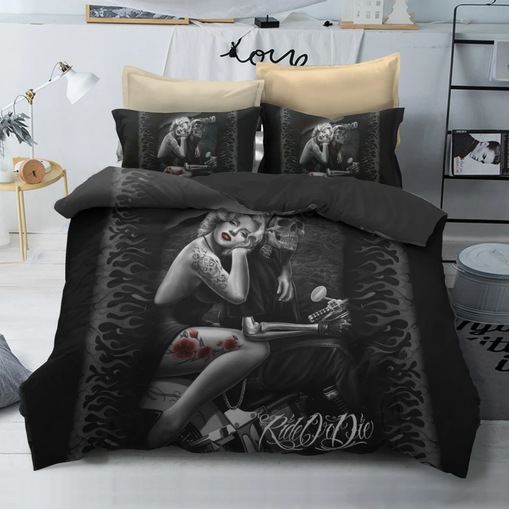 

Bedding Set Printed Skull Beauty Motorcycle For Home Duvet Cover Set With Pillowcase QueenKing 4Sizes Home Textile Drop Shipping