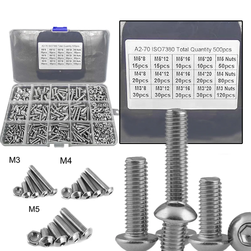 500Pcs Screws Nuts Set M3 M4 M5 Stainless Steel Flat Head / Button Hex Socket Cap Bolts Assortment Kit | Обустройство дома