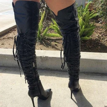 

Over Fashion The Women Knee Boots High Heel Boots Thigh Boots Lace Up Long Boots Pointed Toe High Bandage Boots Women Booties