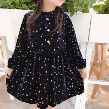 

2-10Y Autumn Winter Baby Girls Lovely Spanish Lolita Star Blue Velvet Long-Sleeved Princess Dress Sweet O-Neck A-line Dress
