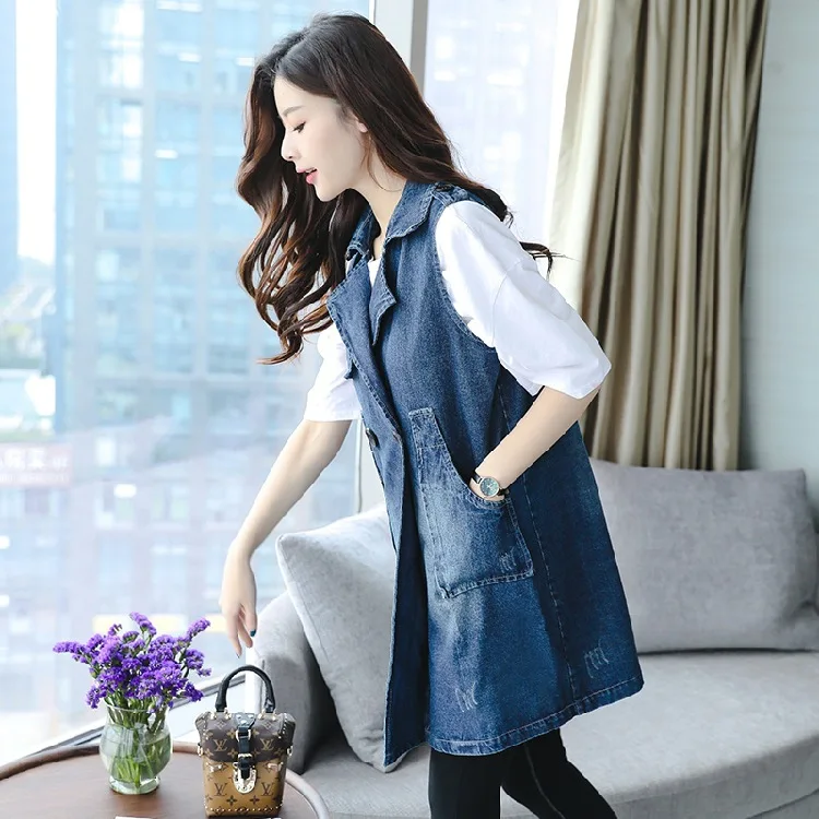 

Photo Shoot 2018 New Products Denim Jacket Spring And Autumn New Style Mid-length Waistcoat Coat Fashion Fat Mm Large Size Vest