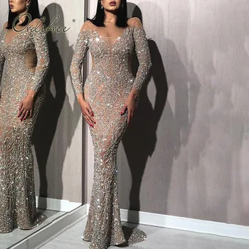 

Ordifree 2020 Summer Women Long Party Dress Long Sleeve Floor Length Sexy Bodycon Silver Sequin Maxi Dress