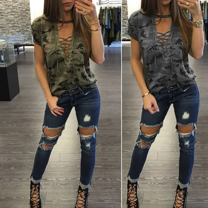 

Hirigin Women Casual Leopard Printed T-shirts Camouflage Pattern Tops Wear Fashion Women Loose V-Neck Sleeves T-shirt