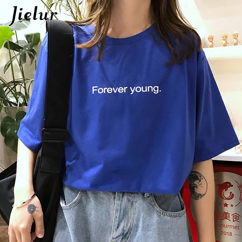 Jielur Tシャツ女性原宿ゆるいカジュアルなフォーエバーヤング手紙tシャツ夏ヒップスター韓国ストリート基本tシャツ紫 青 T Shirts Aliexpress