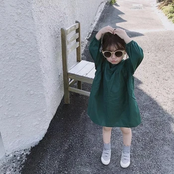

Koodykids Vintage Girls Spring Dress Baby Girl Vintage Outdoor Solid Green Dress With Bow Simple Design Autumn sleeve Outfit