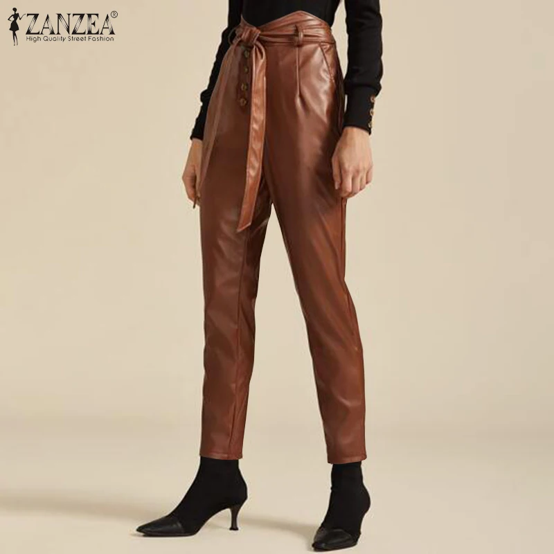 Fashion PU Leather Pants Women's Autumn Trousers ZANZEA Casual Elastic Waist Long Pantalon Palazzo Female Solid Turnip Plus Size