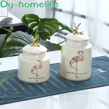 

14 * 26CM Flamingo Cylindrical Golden Deer Personalized Handle Bottle Cap Ceramic Storage Tank Set Home Storage Sealed Tank